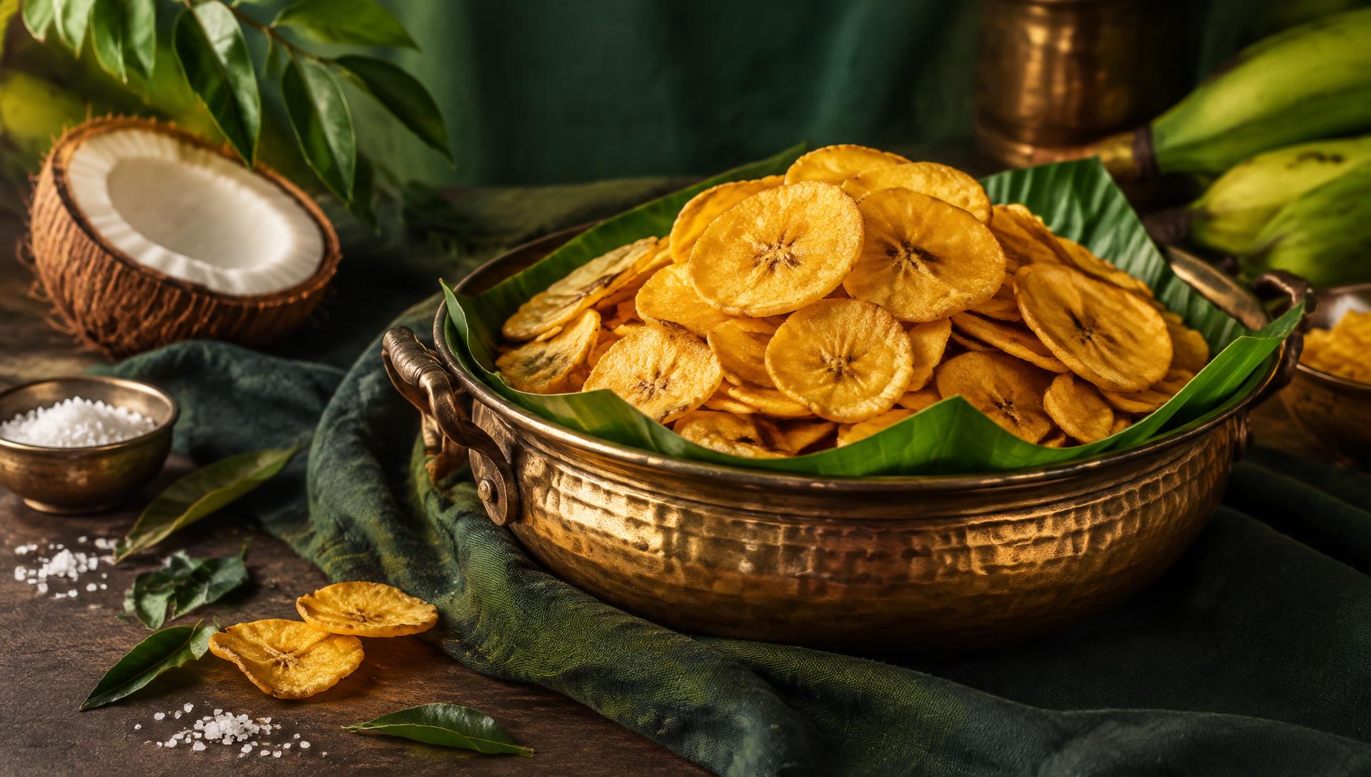 Golden Kerala banana chips in a brass uruli on banana leaf
